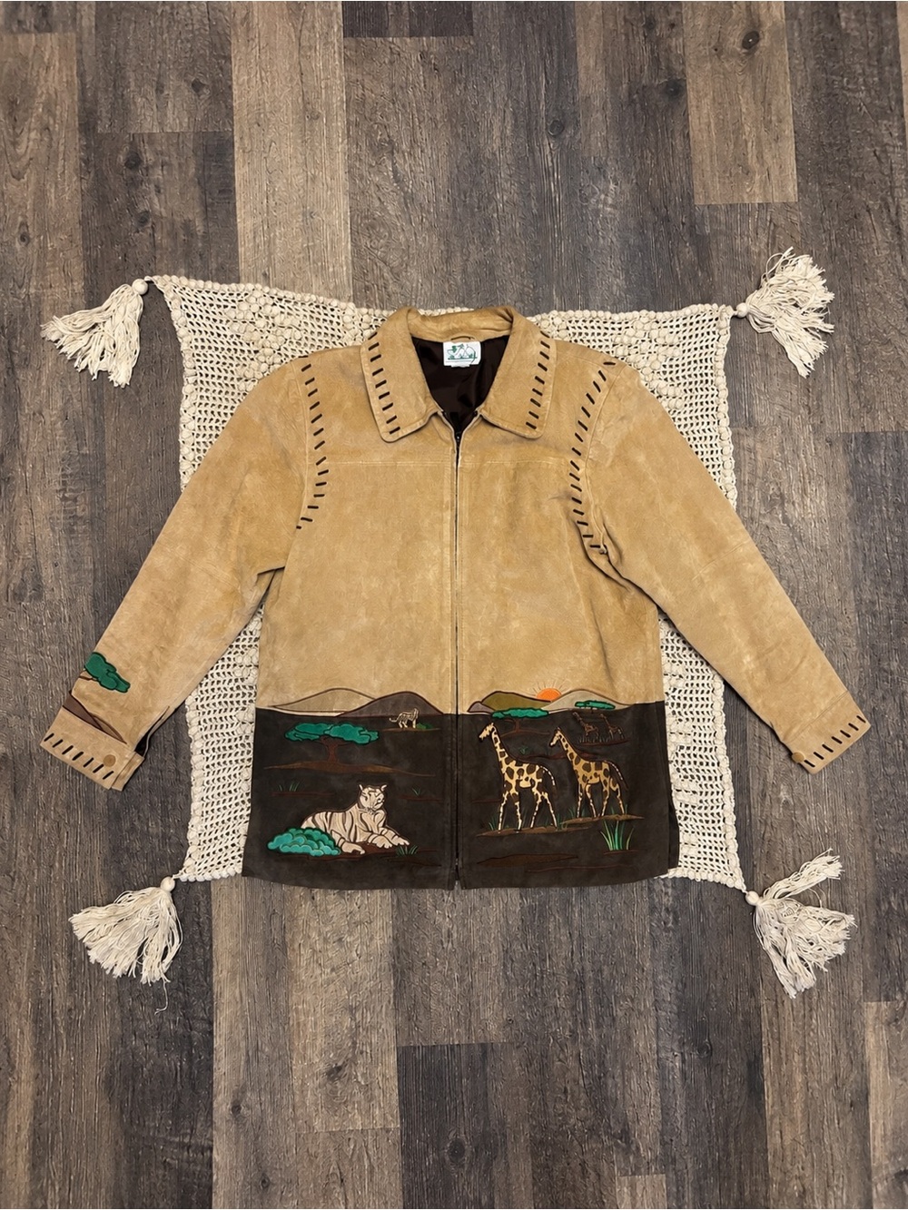 Vintage Quacker Factory Safari Jacket L Tan Brown Animal Embroidered 90s